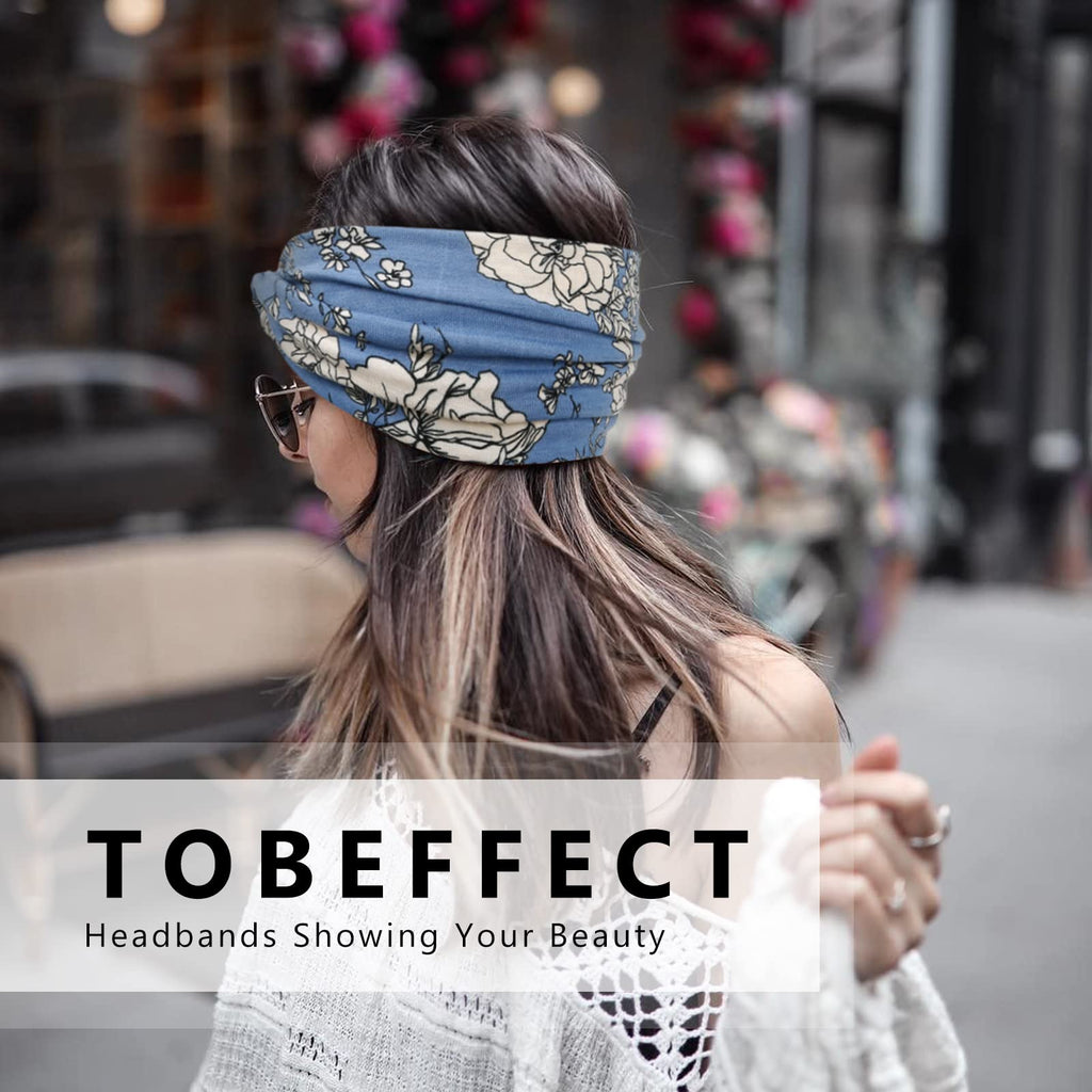Tobeffect Wide Headbands for Women - 7-Inch Floral Turban Headbands (6 Pack) Boho Hair Accessories