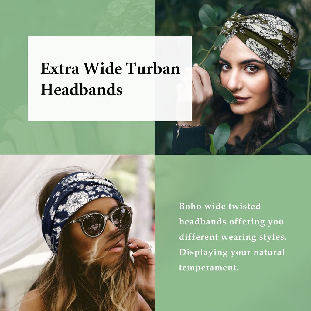 Tobeffect Wide Headbands for Women - 7-Inch Floral Turban Headbands (6 Pack) Boho Hair Accessories