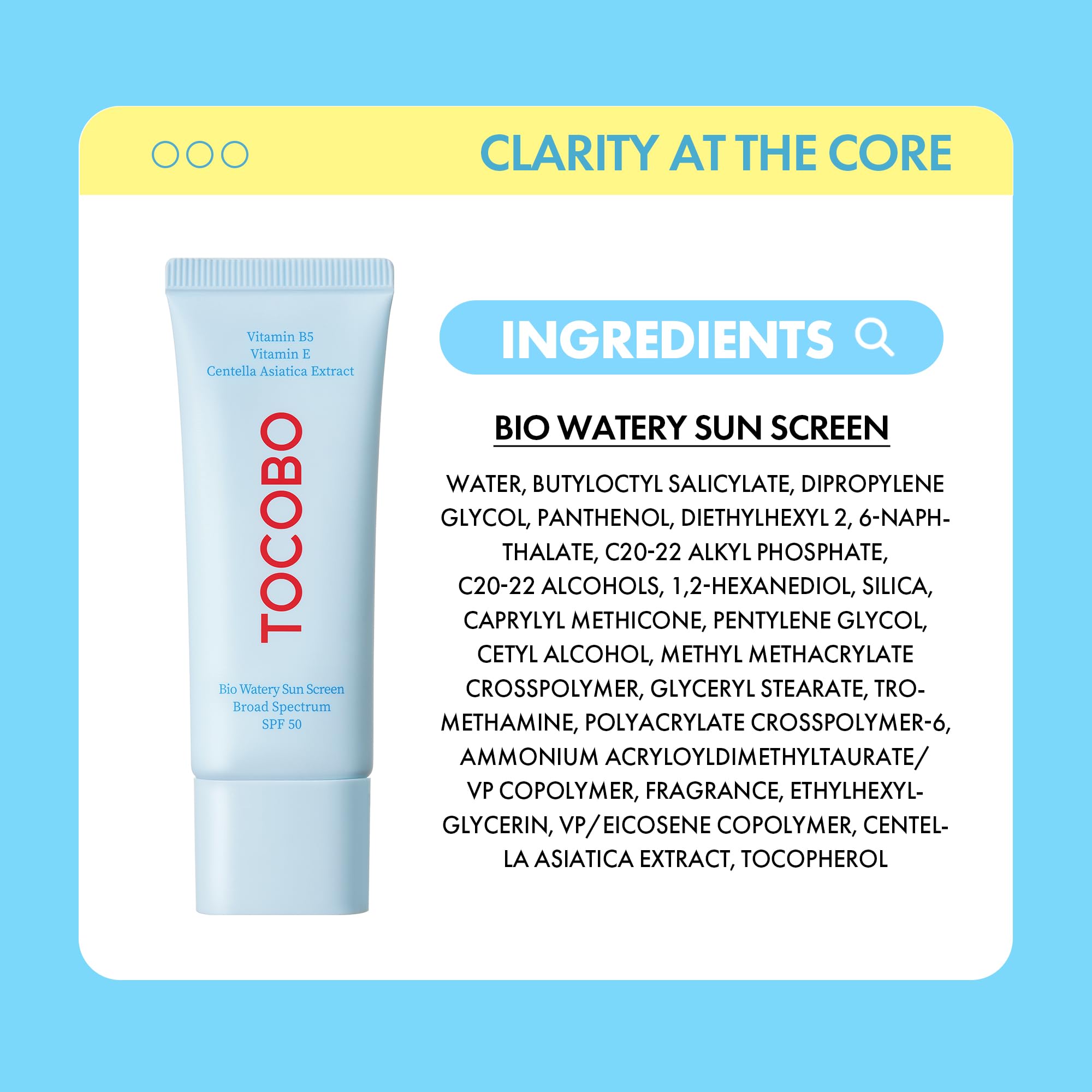 TOCOBO US Bio Watery Sunscreen SPF 50 – Lightweight Serum-Like Face Sunscreen with Hyaluronic Acid