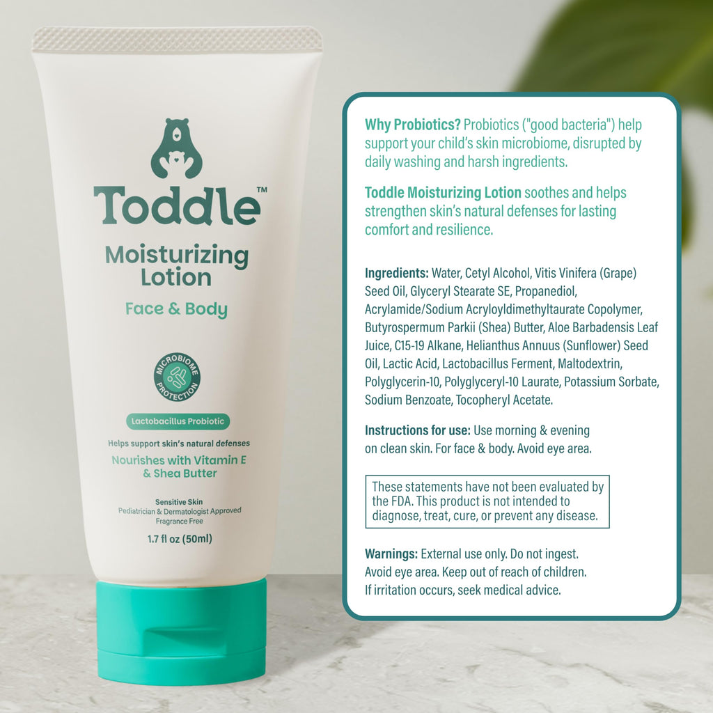 Toddle Probiotic Moisturizing Lotion for Face & Body – Fragrance-Free, Pediatrician-Approved 1.7oz Travel Size