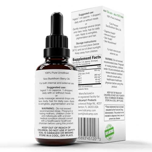 TODICAMP Sea Buckthorn Oil Organic - Cold-Pressed Seabuckthorn Oil for Skin, Digestive Wellness & Immune Support