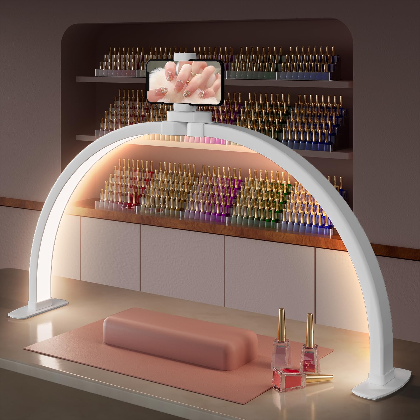 TOELOVE 29-Inch Half Moon Nail Desk Light – Foldable Arch Lamp with Phone Holder, 3 Color Modes, 10 Brightness