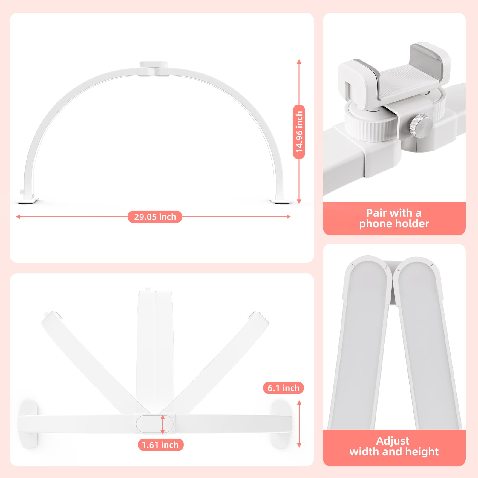 TOELOVE 29-Inch Half Moon Nail Desk Light – Foldable Arch Lamp with Phone Holder, 3 Color Modes, 10 Brightness
