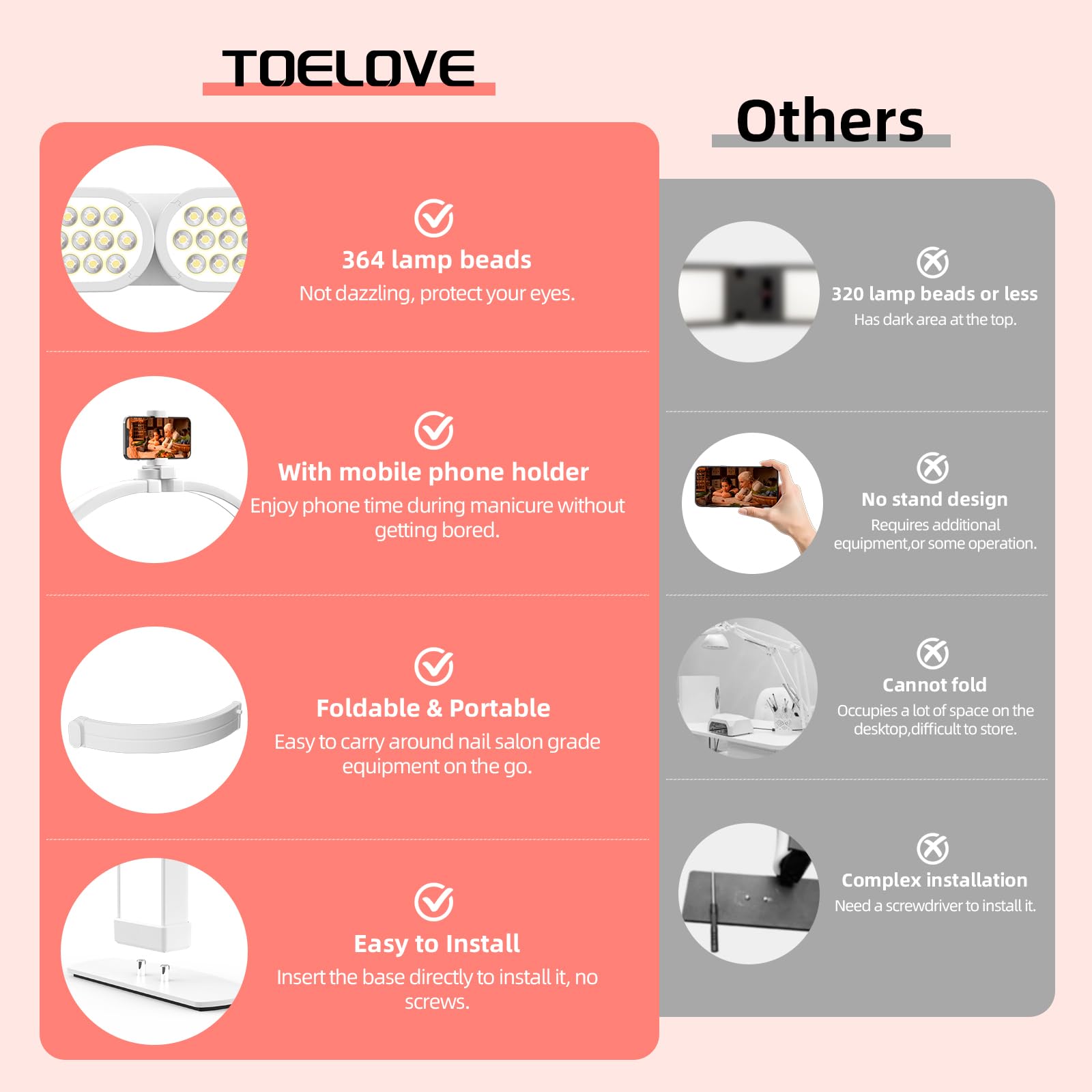 TOELOVE 29-Inch Half Moon Nail Desk Light – Foldable Arch Lamp with Phone Holder, 3 Color Modes, 10 Brightness