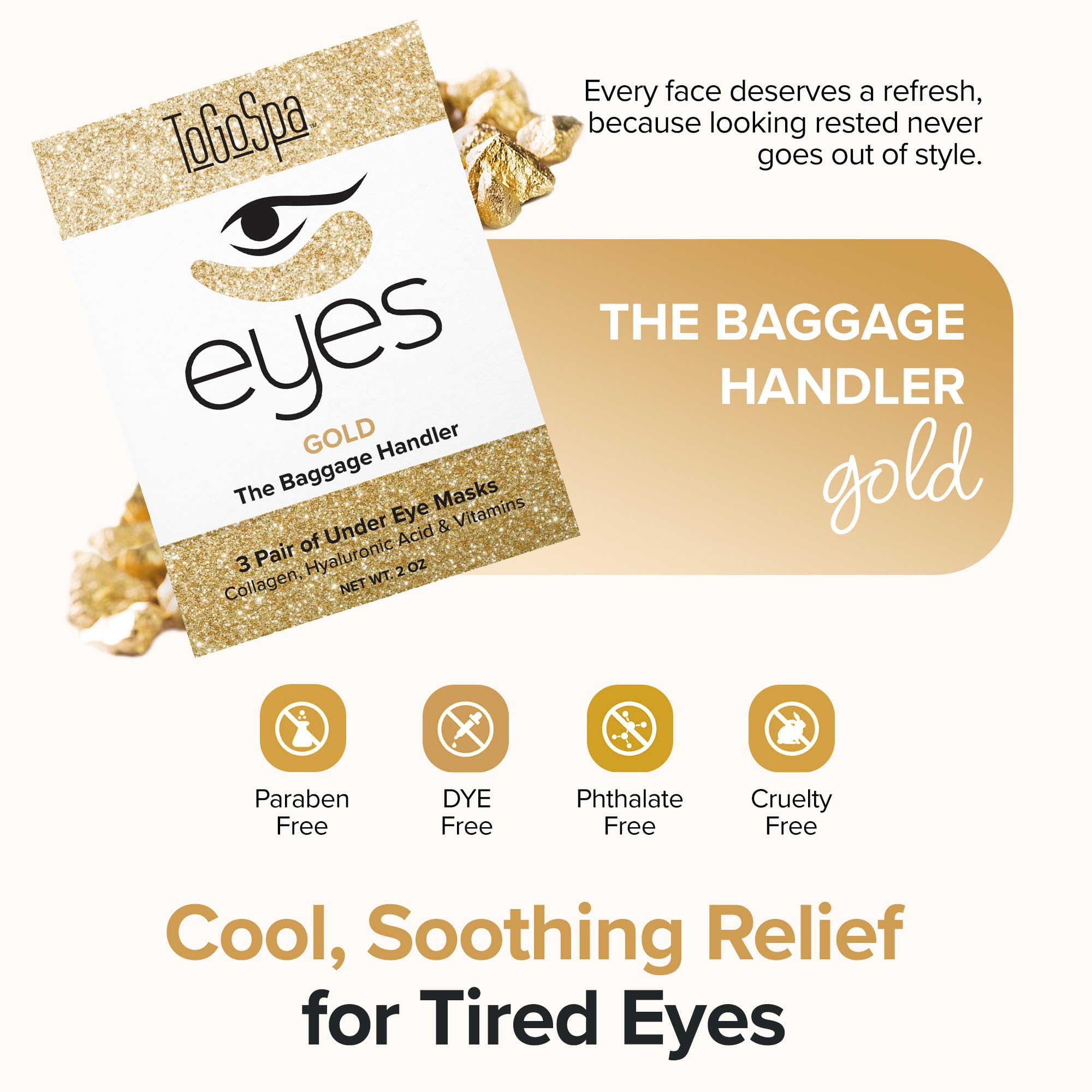 ToGoSpa Golden EYES Under-Eye Gel Pads – Premium Anti-Aging with Collagen, Hyaluronic Acid, Aloe, Vitamins C & E | 1 Pack, 3 Pairs