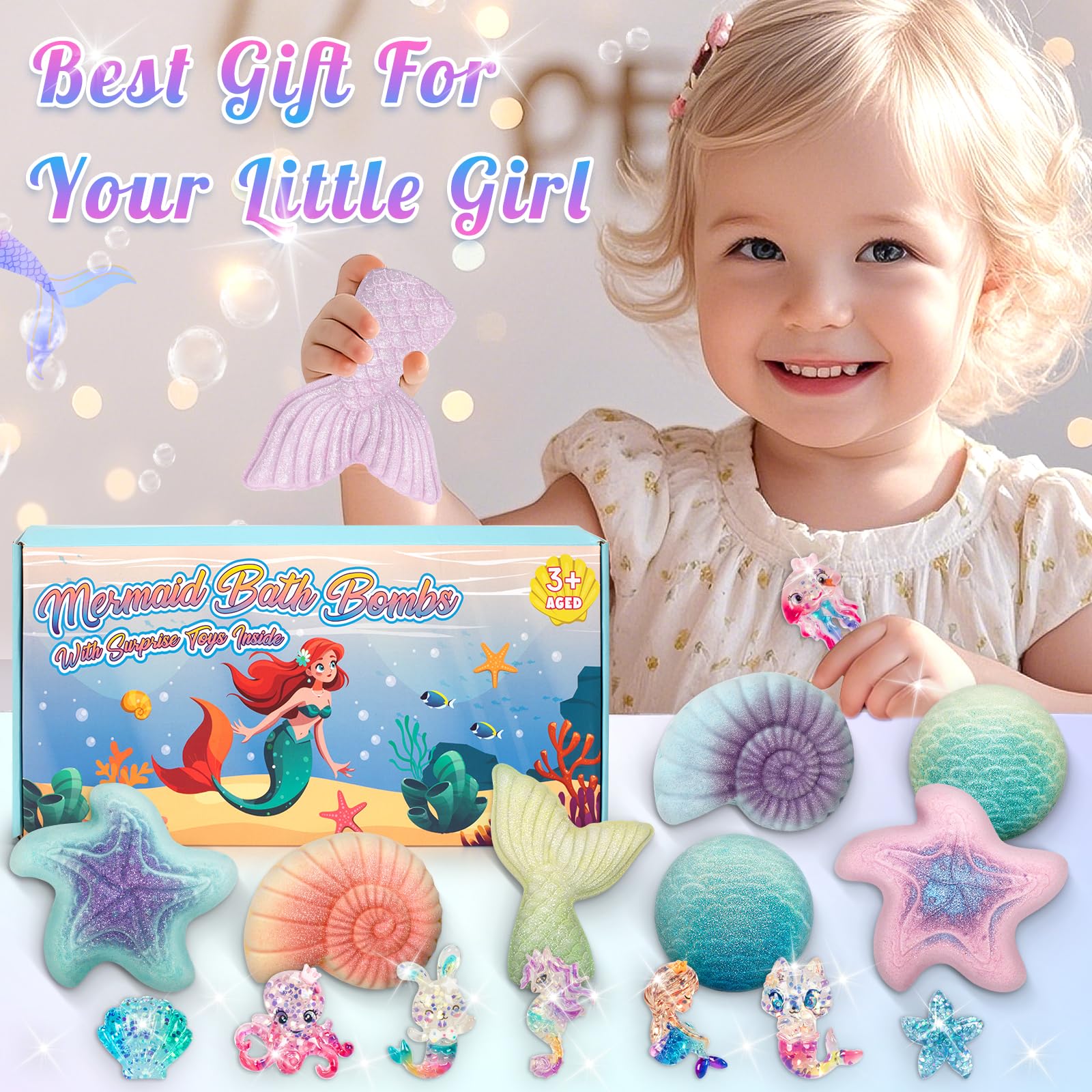 Toidgy Mermaid Bath Bombs for Kids – 8-Piece Organic Surprise Toy Bath Set for Girls