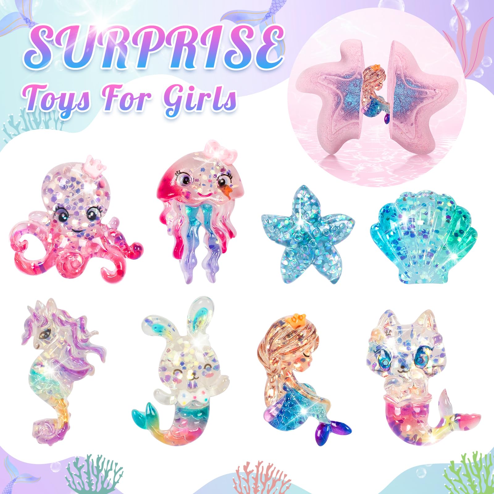 Toidgy Mermaid Bath Bombs for Kids – 8-Piece Organic Surprise Toy Bath Set for Girls