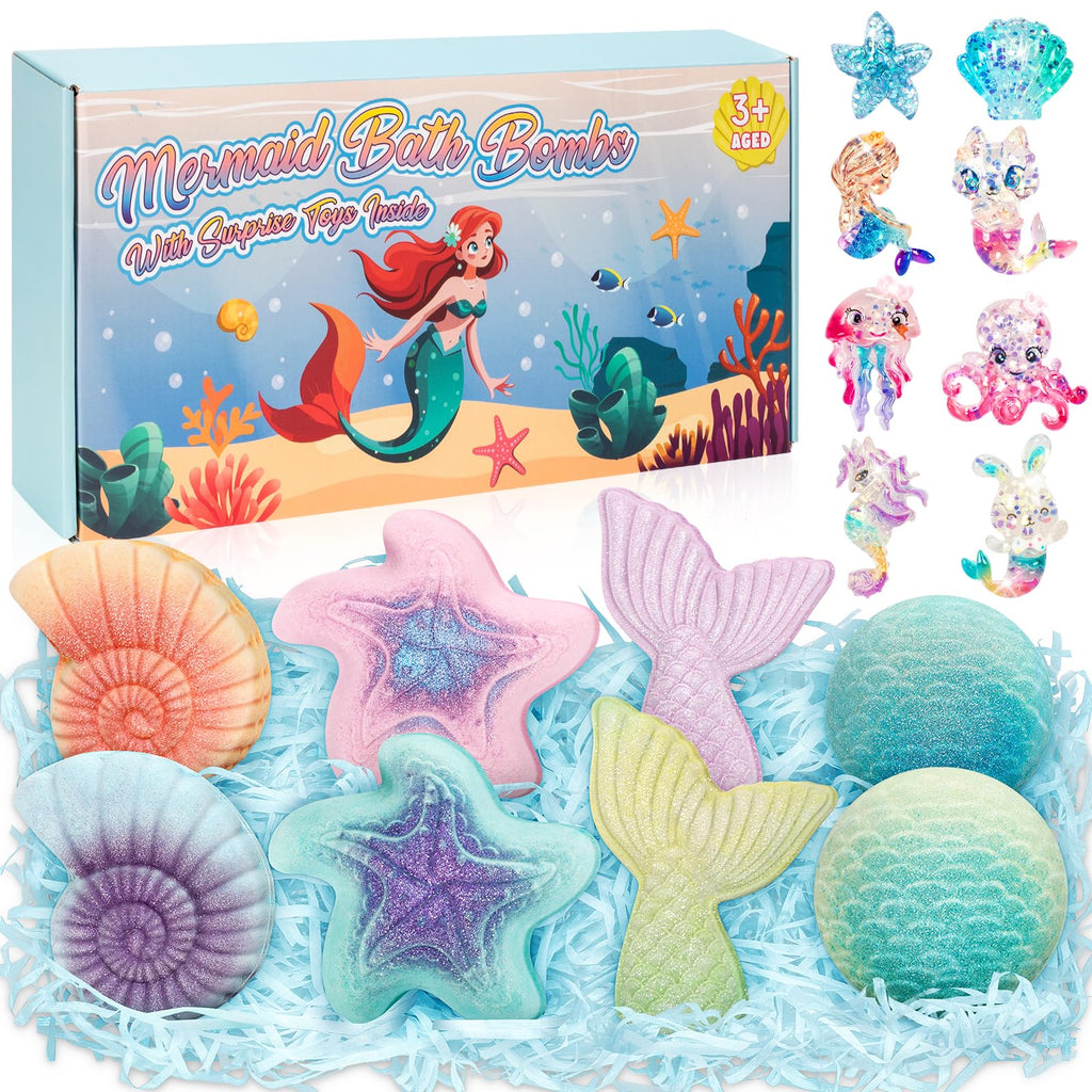 Toidgy Mermaid Bath Bombs for Kids – 8-Piece Organic Surprise Toy Bath Set for Girls