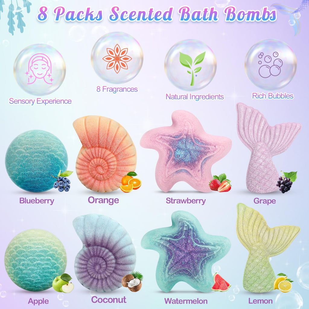 Toidgy Mermaid Bath Bombs for Kids – 8-Piece Organic Surprise Toy Bath Set for Girls