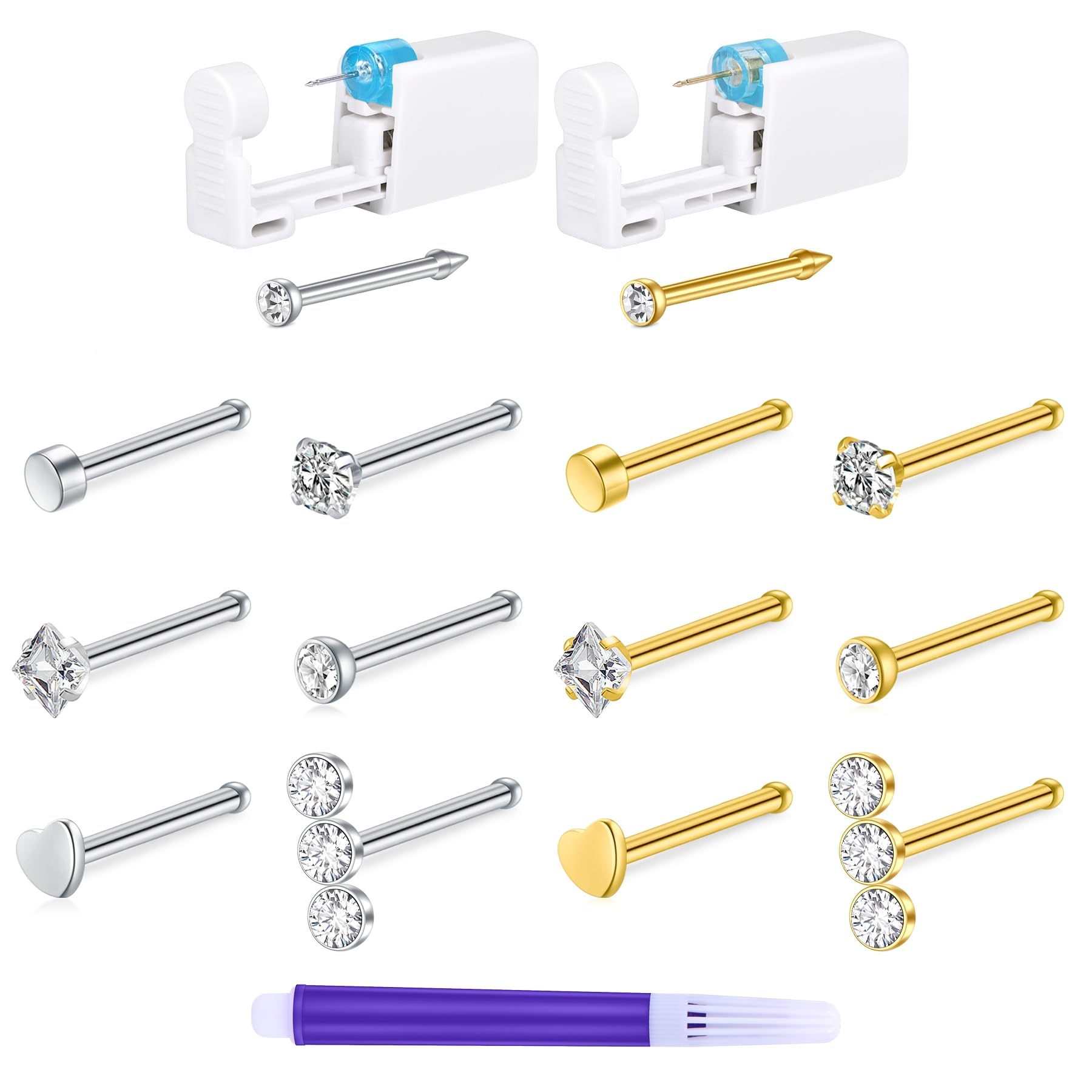 TOKRING Nose Piercing Kit – 2 Pack Self-Piercing Gun with Silver & Gold Nose Studs