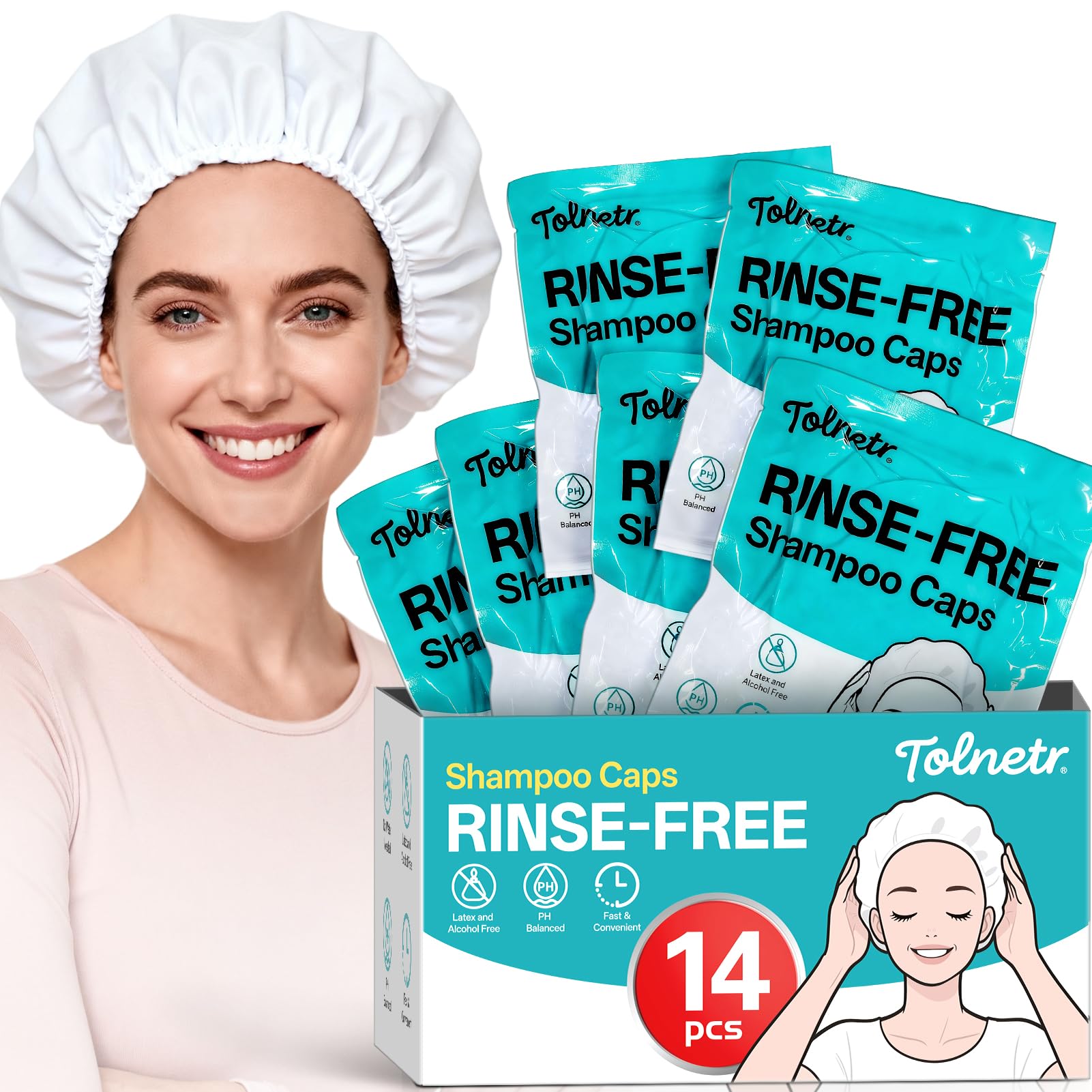 Tolnetr Shampoo Caps No Rinse - 14-Pack with Two 100ml Cups for Bedridden & Elderly Care