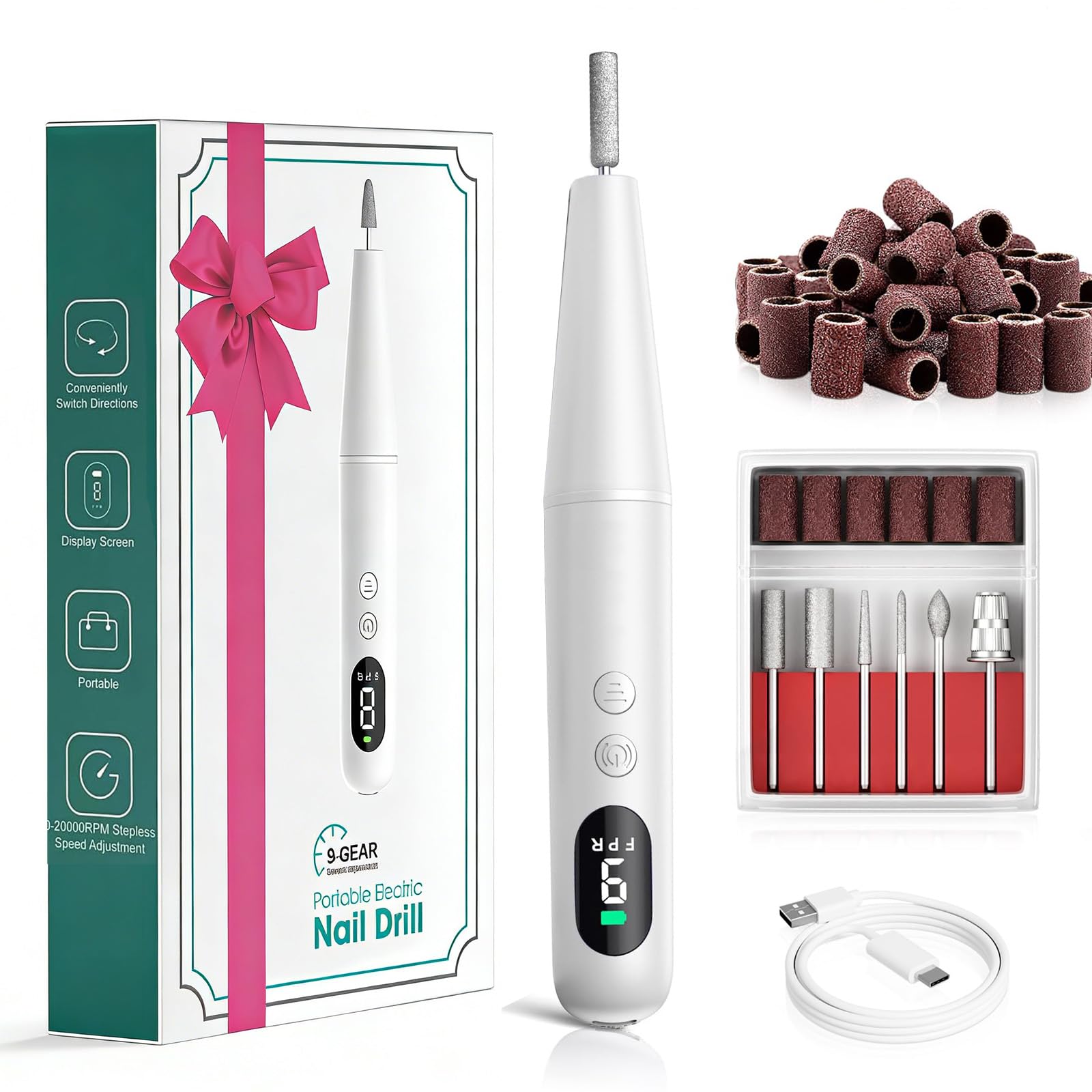 TOMETOTES Salon-Grade Electric Nail Drill – Cordless Nail File with LED Display