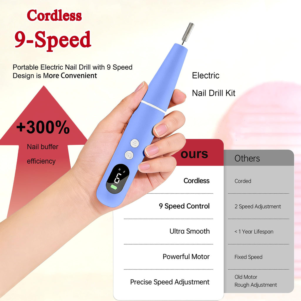TOMETOTES Salon-Grade Electric Nail Drill – Cordless, LED Display, 6 Bits, 26 Accessories
