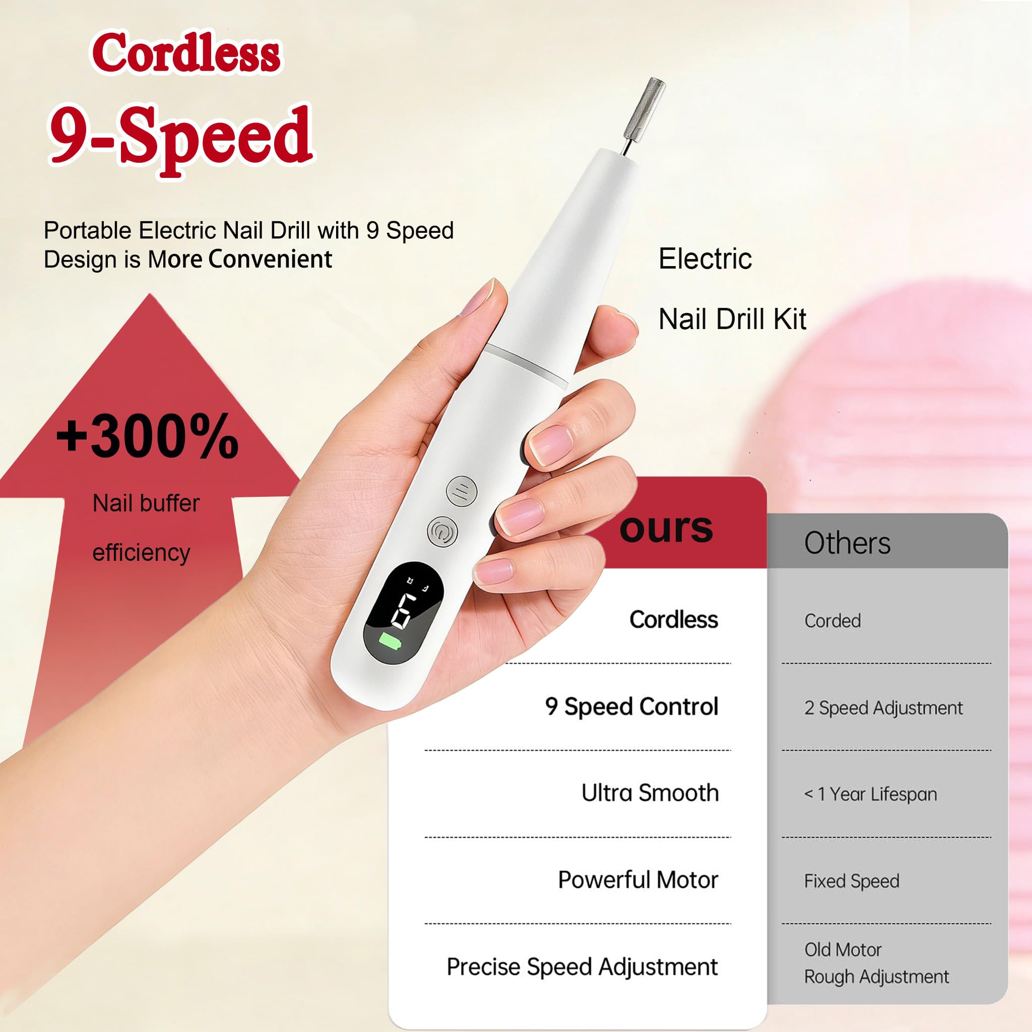 TOMETOTES Salon-Grade Electric Nail Drill – Cordless Nail File with LED Display