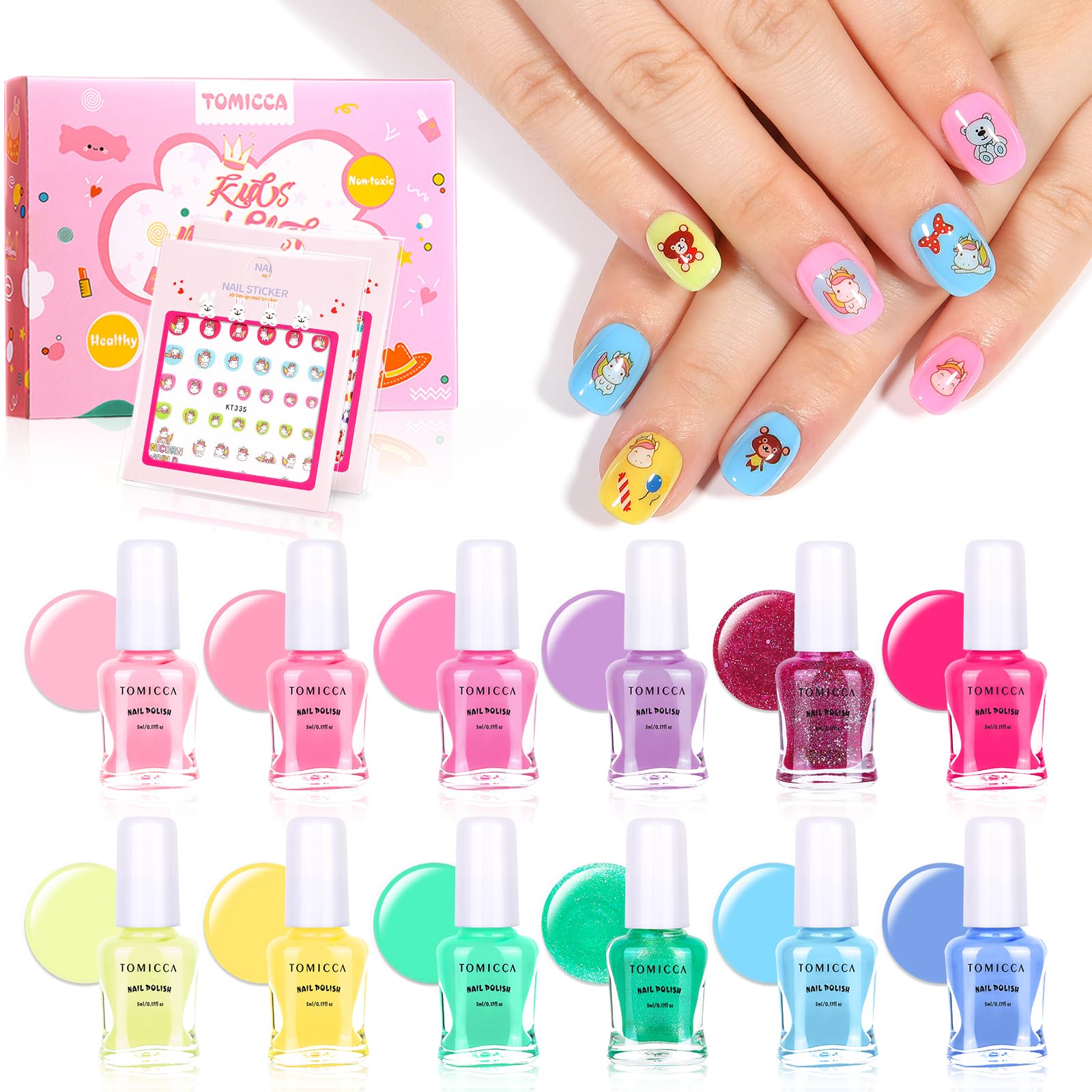 TOMICCA Kids Nail Polish Set - 12 Non-Toxic Water-Based, Odorless Peel-Off, Quick-Dry Colors (Ages 3+)