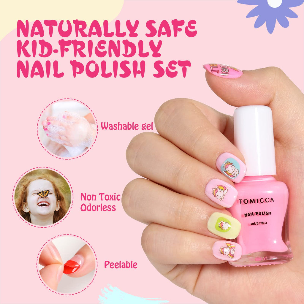 TOMICCA Kids Nail Polish Set - 12 Non-Toxic Water-Based, Odorless Peel-Off, Quick-Dry Colors (Ages 3+)