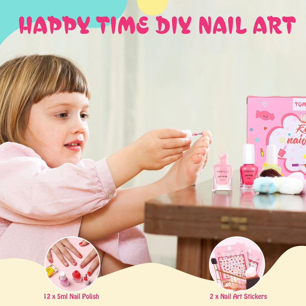 TOMICCA Kids Nail Polish Set - 12 Non-Toxic Water-Based, Odorless Peel-Off, Quick-Dry Colors (Ages 3+)