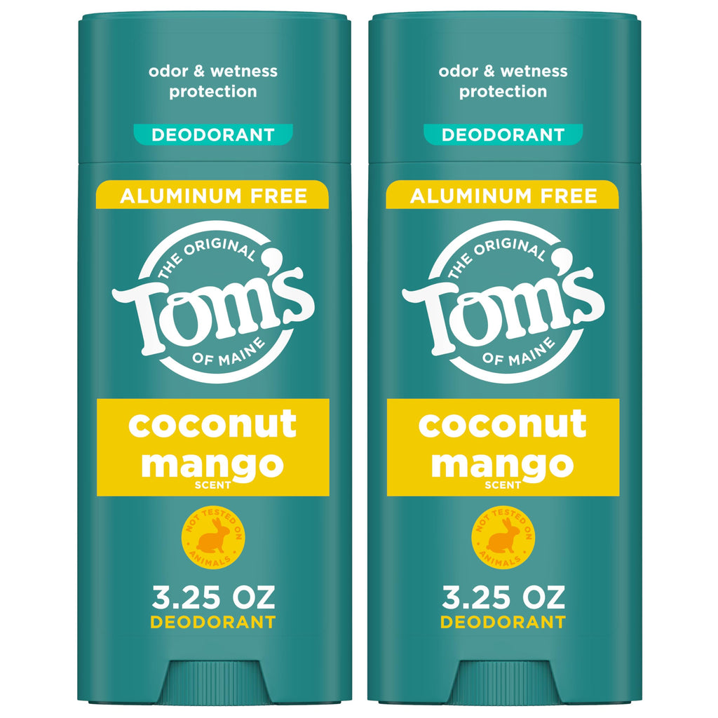 Tom's of Maine Coconut Mango Aluminum-Free Deodorant for Women & Men – Goes on Clear, Odor & Wetness Protection | 2-Pack (3.25 oz each)