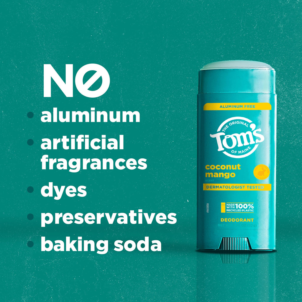 Tom's of Maine Coconut Mango Aluminum-Free Deodorant for Women & Men – Goes on Clear, Odor & Wetness Protection | 2-Pack (3.25 oz each)