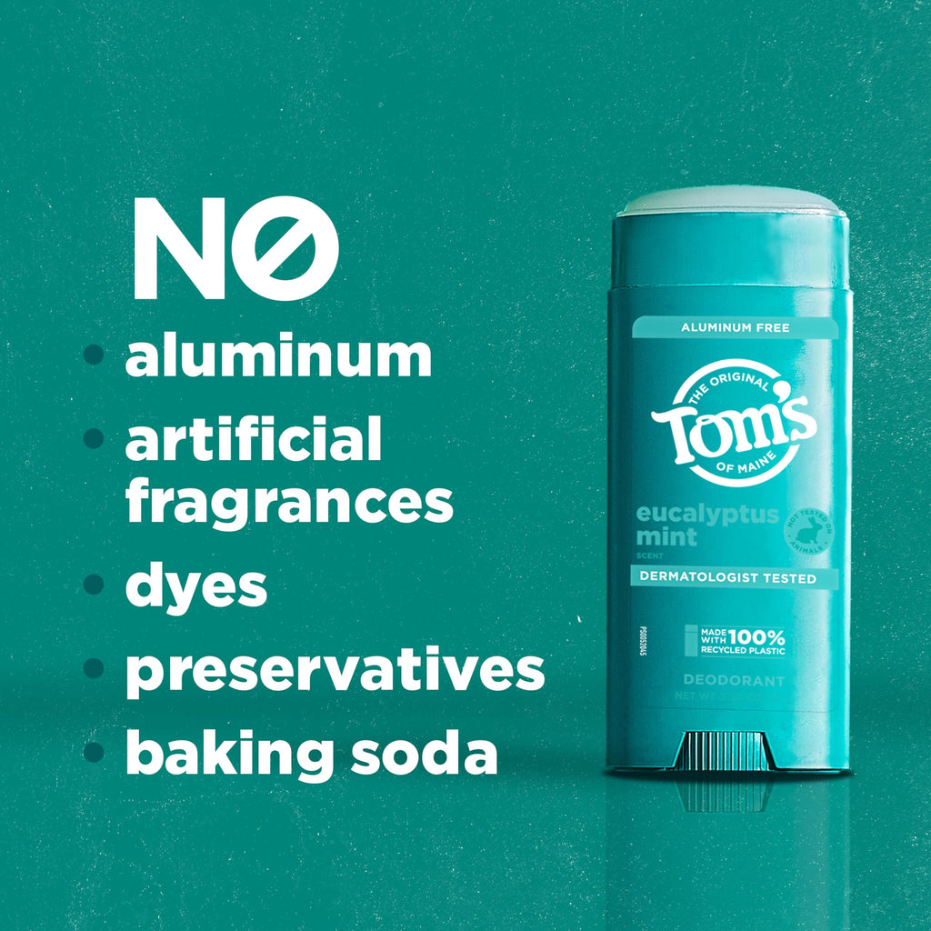 Tom's of Maine Eucalyptus Mint Aluminum-Free Natural Deodorant for Women & Men | Goes on Clear | Odor & Wetness Protection | 3.25 oz (2 Pack)