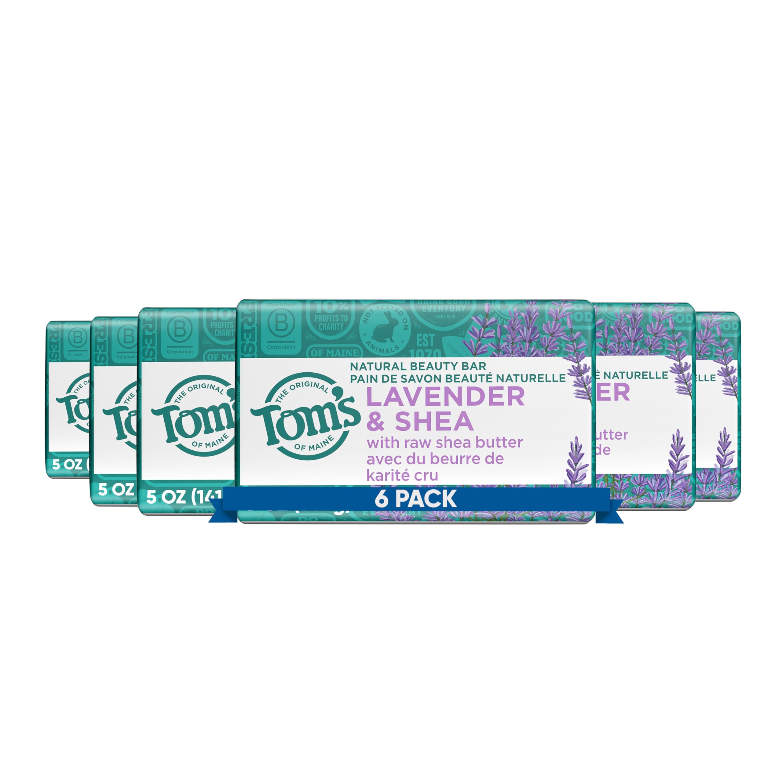 Tom's of Maine Lavender & Shea Natural Beauty Bar Soap – 6-Pack, 5 oz Bars (Packaging May Vary)