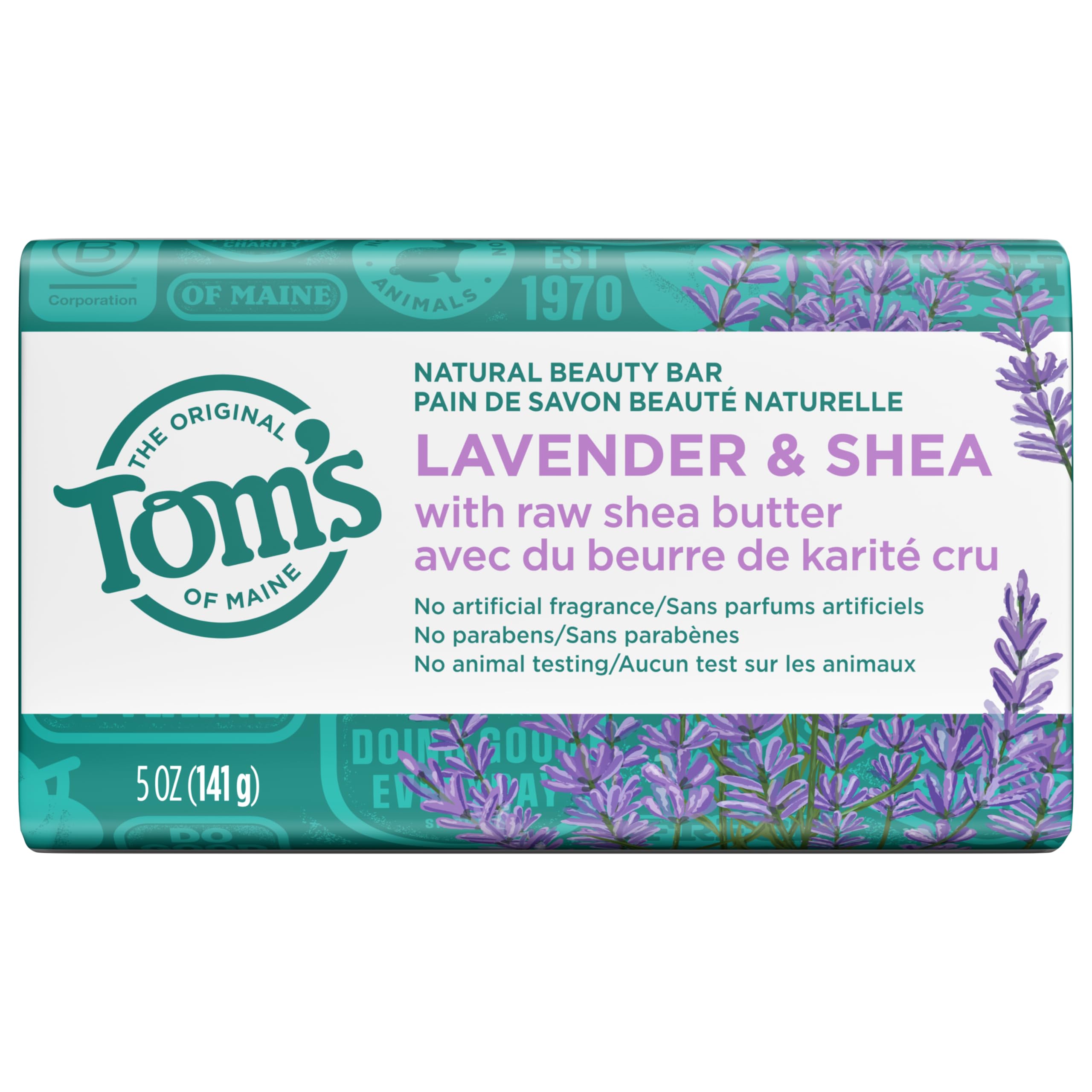 Tom's of Maine Lavender & Shea Natural Beauty Bar Soap – 6-Pack, 5 oz Bars (Packaging May Vary)