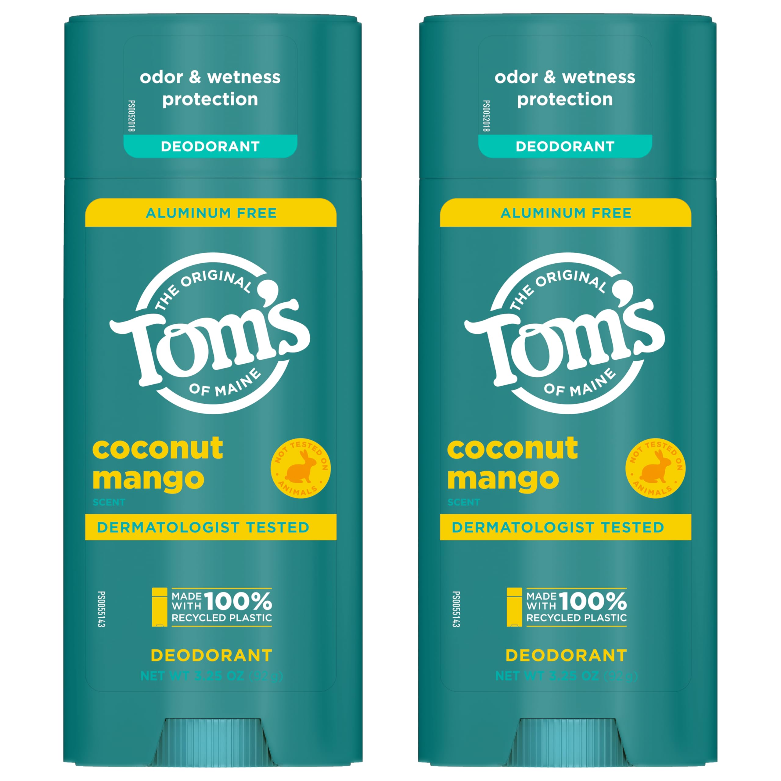 Tom's of Maine Coconut Mango Aluminum-Free Deodorant for Women & Men – Goes on Clear, Odor & Wetness Protection | 2-Pack (3.25 oz each)