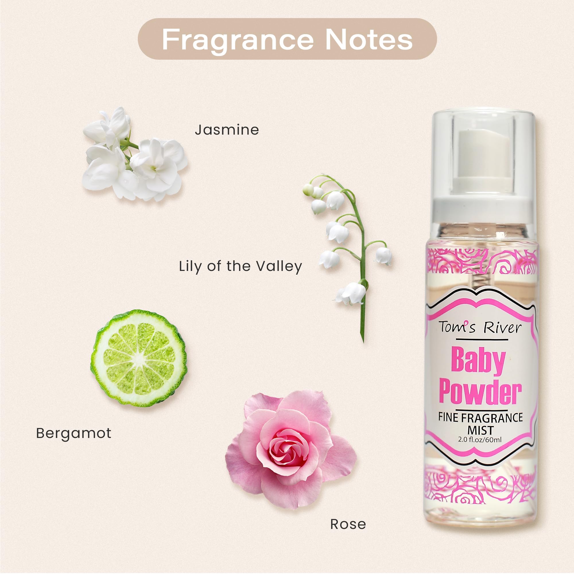 Tom's River Fine Fragrance Body & Hair Mist – Baby Powder Scented (Pack of 3) | 2 fl oz / 60 ml Each