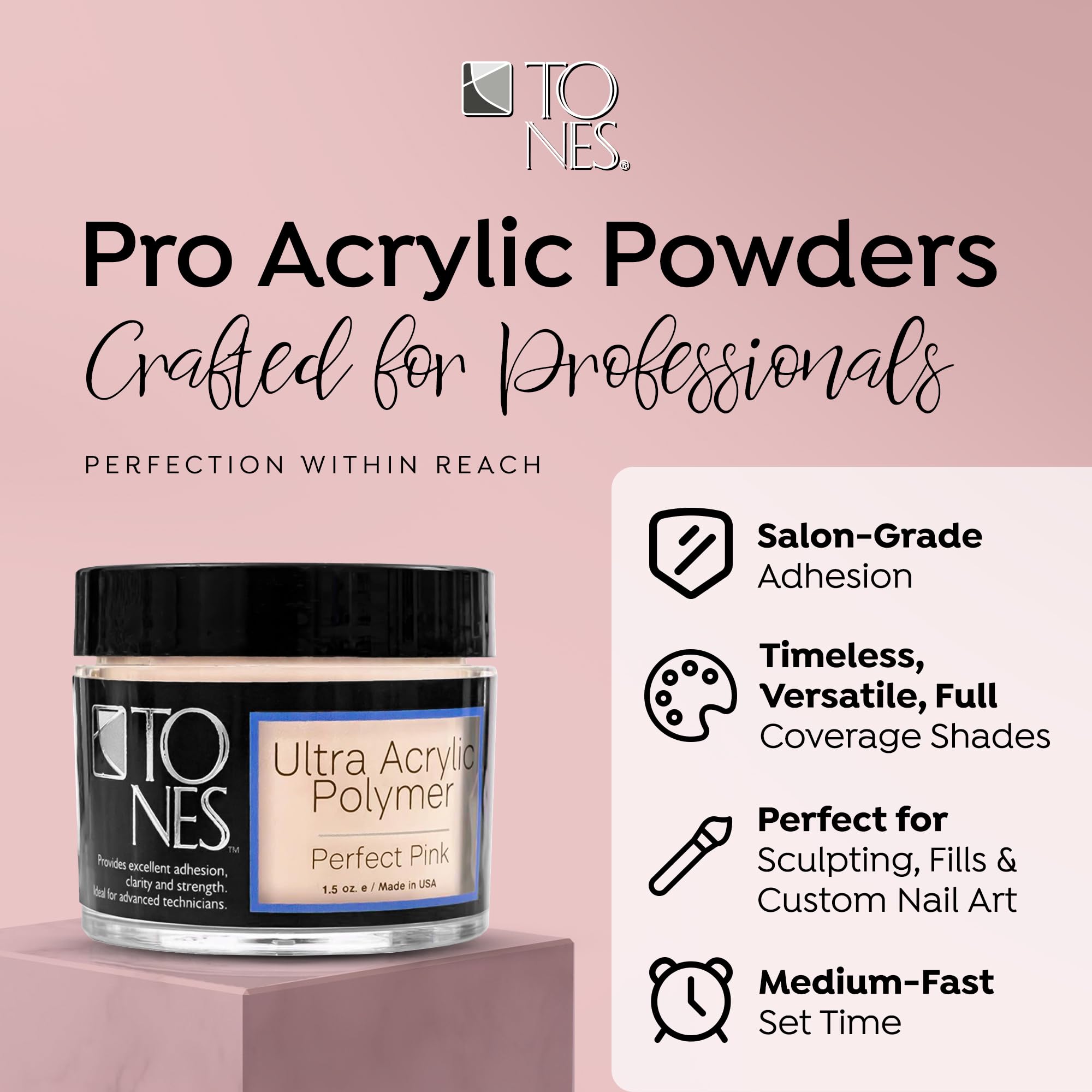 TONES Ultra Acrylic Powder - Perfect Pink (8.5 oz) | Durable Retention & Silky Texture
