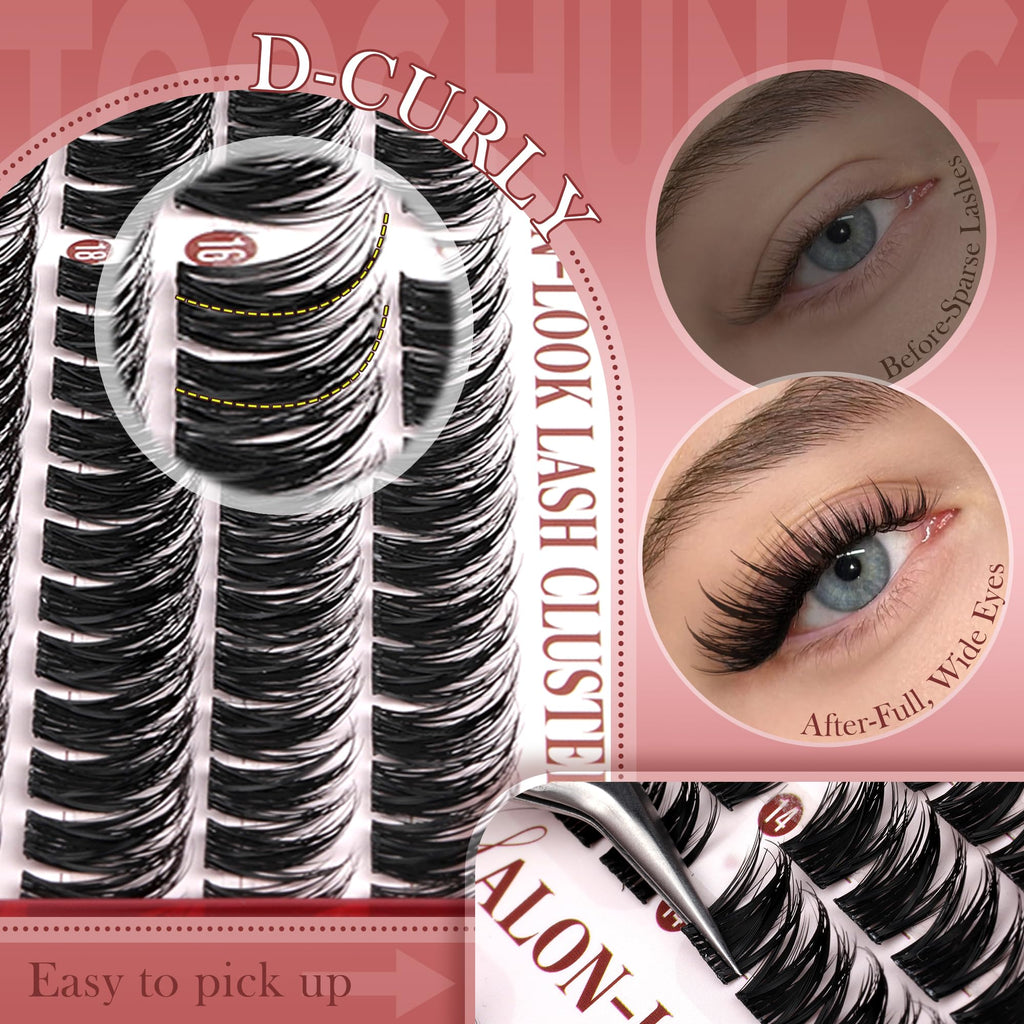 TOOCHUNAG Lash Clusters Kit 192pcs – Anime Lashes 12-18mm D Volume with Bond & Tweezers