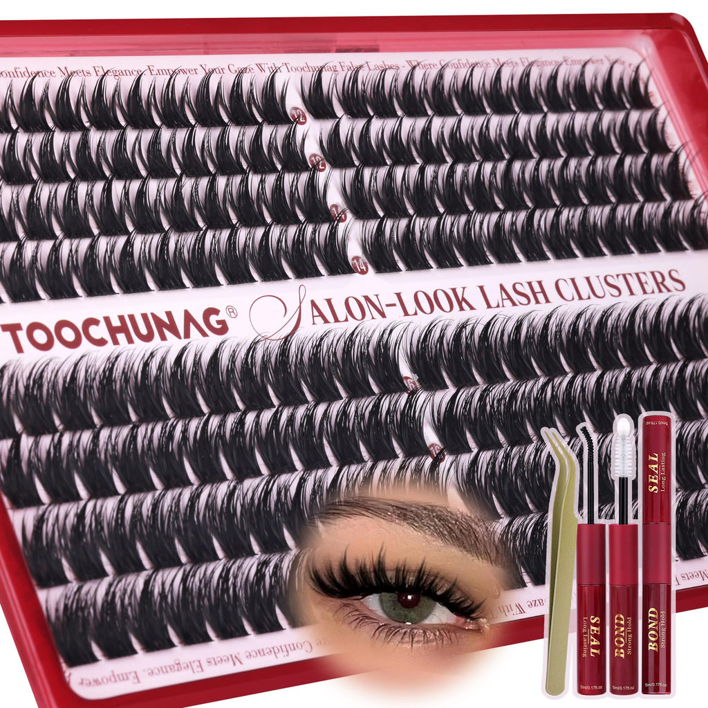 TOOCHUNAG Lash Clusters Kit 192pcs – Anime Lashes 12-18mm D Volume with Bond & Tweezers