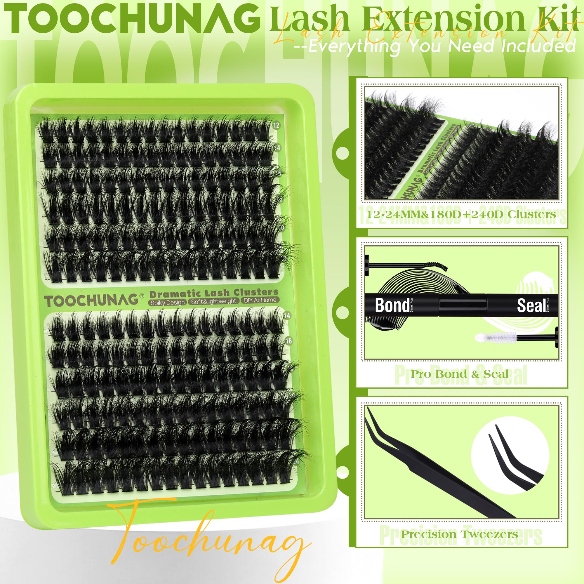 TOOCHUNAG Thick Lash Clusters Kit 12–24mm | DIY Lash Extensions, 180D+240D, D-Curly