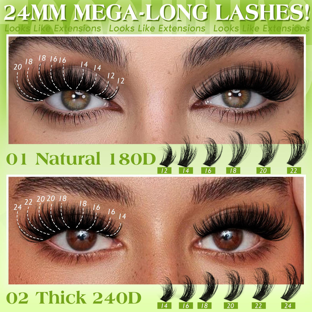 TOOCHUNAG Thick Lash Clusters Kit 12–24mm | DIY Lash Extensions, 180D+240D, D-Curly