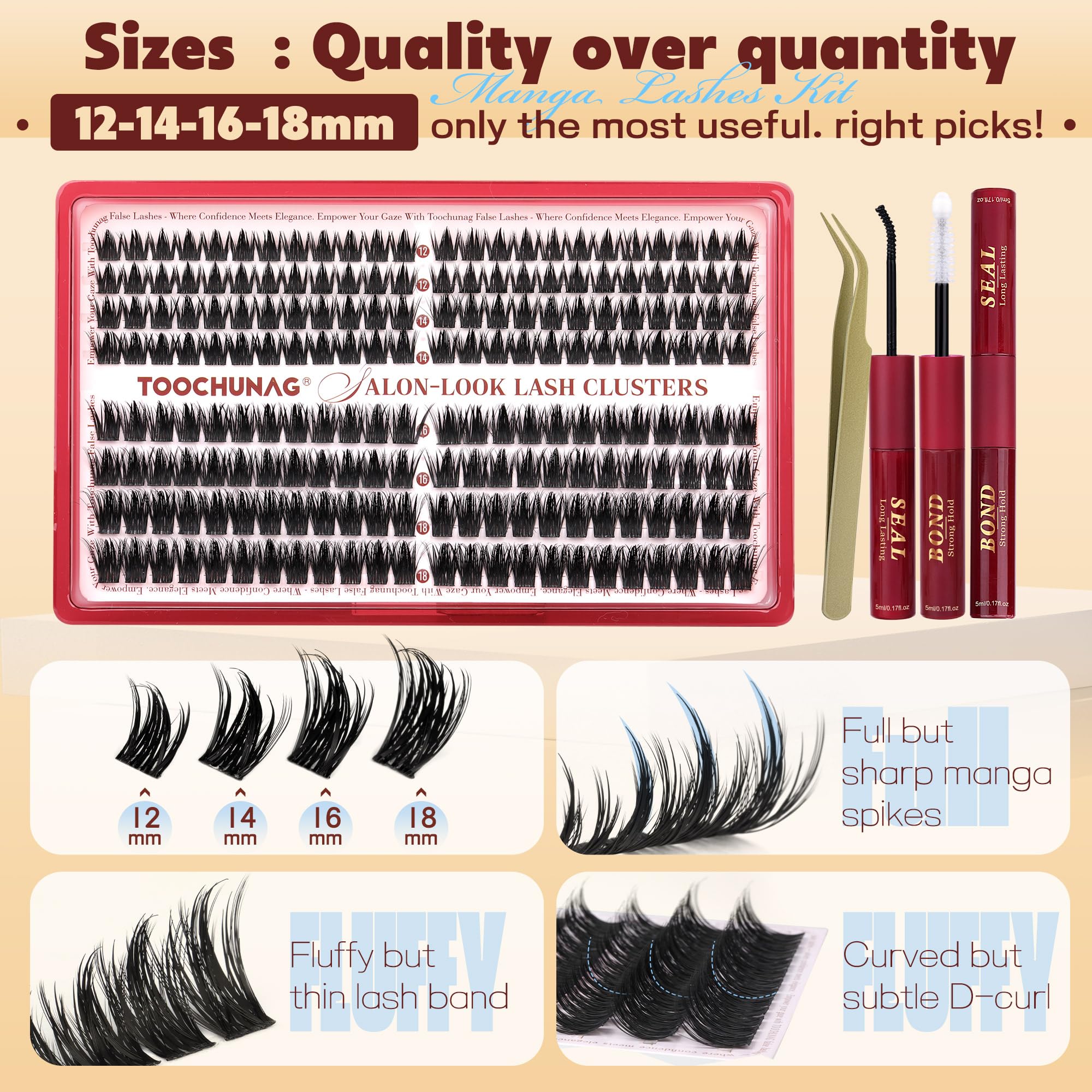 TOOCHUNAG Lash Clusters Kit 192pcs – Anime Lashes 12-18mm D Volume with Bond & Tweezers