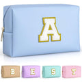 TOPEAST Personalized Initial Makeup Pouch – Leather Waterproof Cosmetic Bag for Women (Sky Blue A)