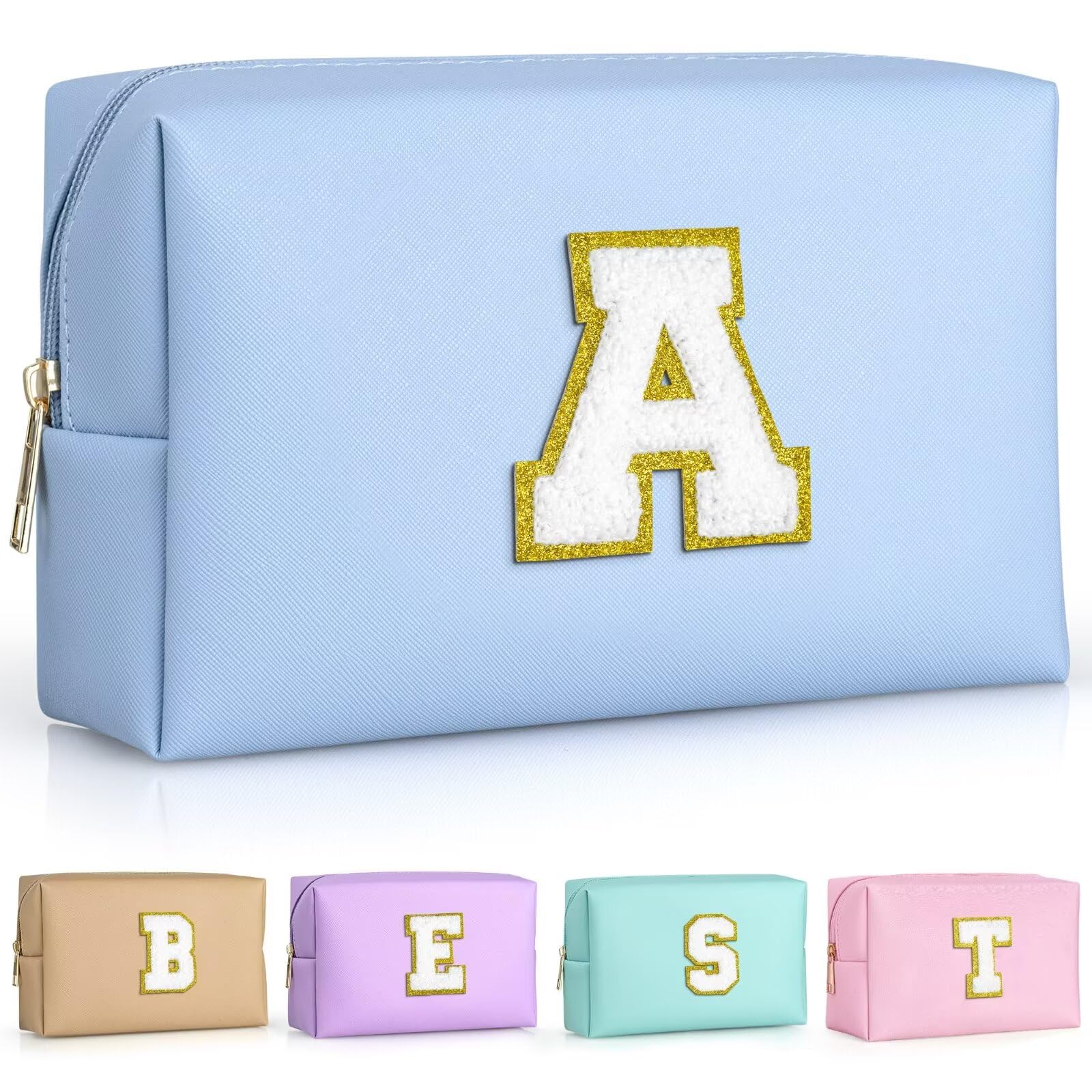 TOPEAST Personalized Initial Makeup Pouch – Leather Waterproof Cosmetic Bag for Women (Sky Blue A)