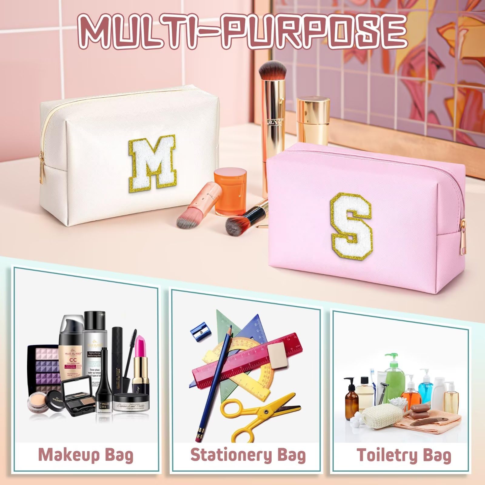 TOPEAST Initial Cosmetic Bag for Women – Monogrammed PU Leather Waterproof Toiletry Bag, White S