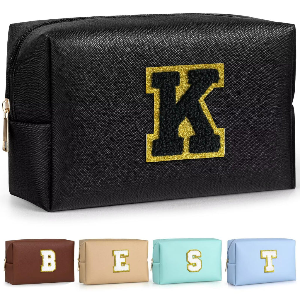 TOPEAST Initial Cosmetic Bag | Personalized PU Leather Travel Toiletry Bag (Black K)