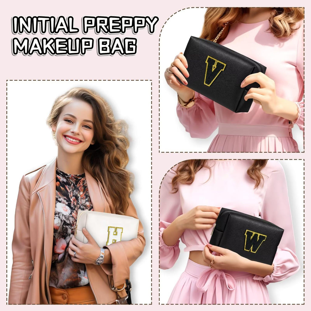 TOPEAST Initial Cosmetic Bag | Personalized PU Leather Travel Toiletry Bag (Black K)