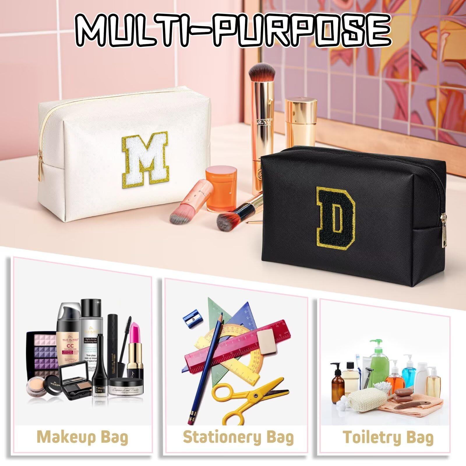 TOPEAST Initial Cosmetic Bag | Personalized PU Leather Travel Toiletry Bag (Black K)