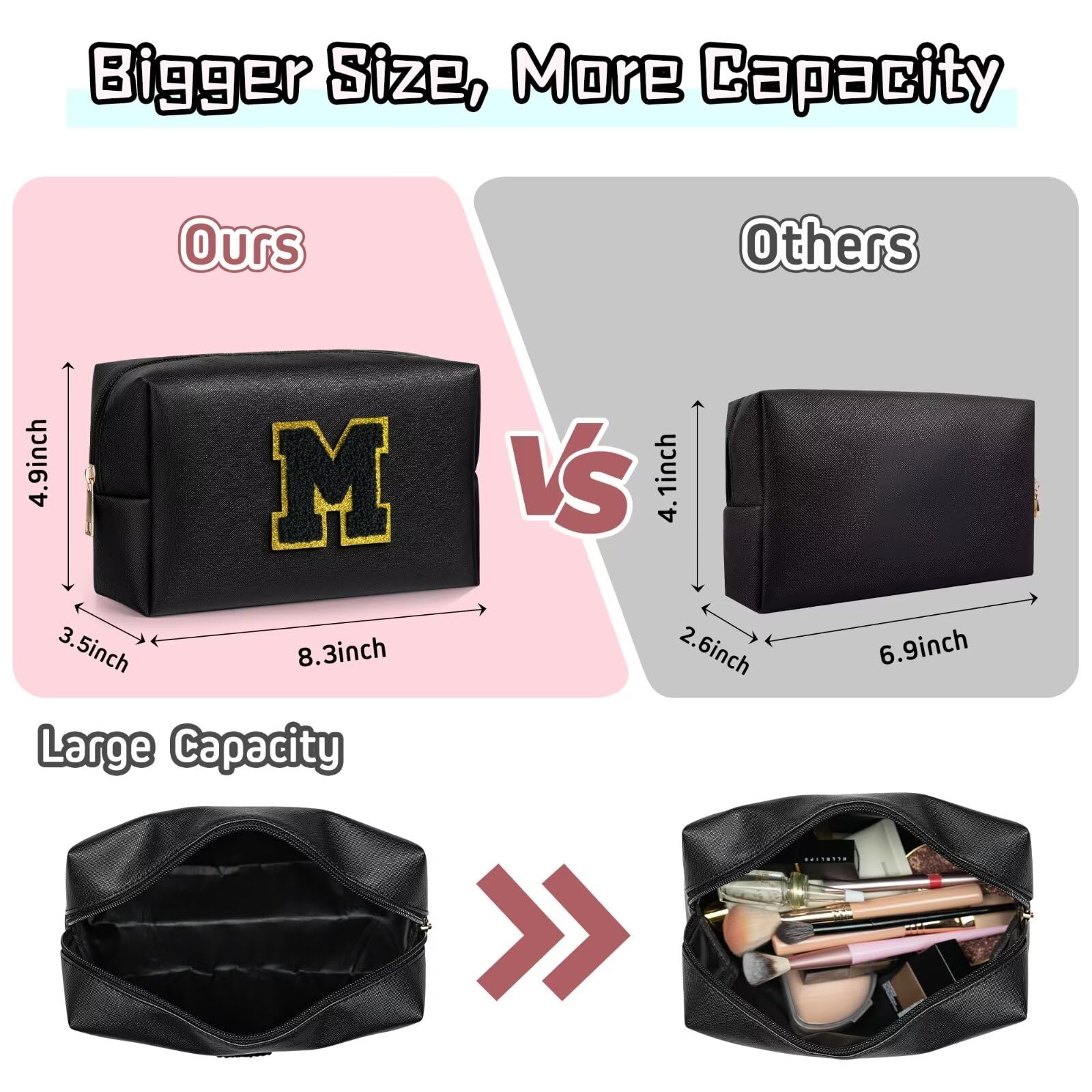 TOPEAST Initial Cosmetic Bag | Personalized PU Leather Travel Toiletry Bag (Black K)