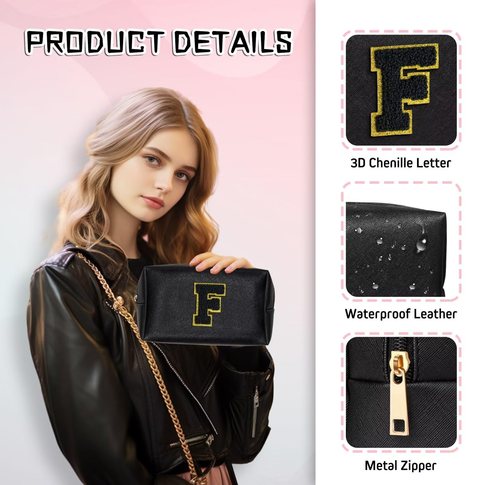 TOPEAST Initial Cosmetic Bag | Personalized PU Leather Travel Toiletry Bag (Black K)