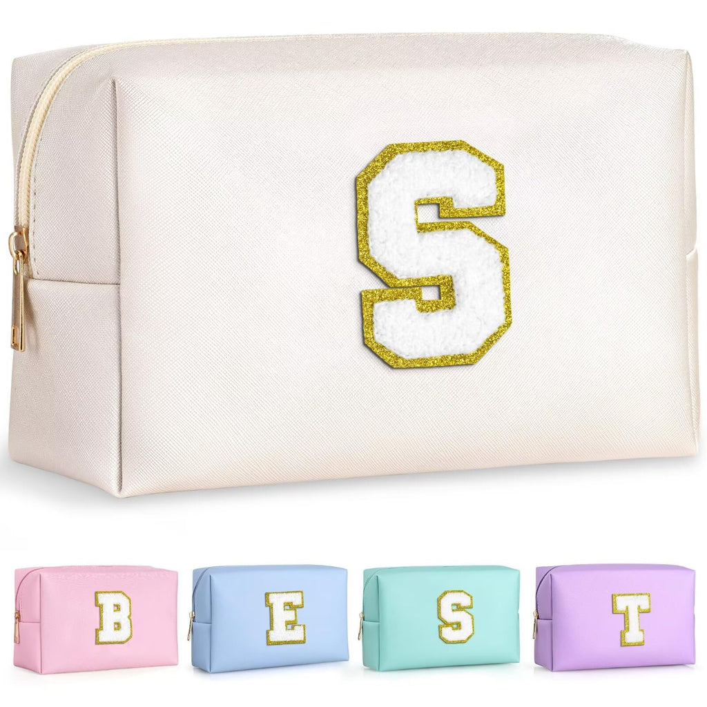 TOPEAST Initial Cosmetic Bag for Women – Monogrammed PU Leather Waterproof Toiletry Bag, White S