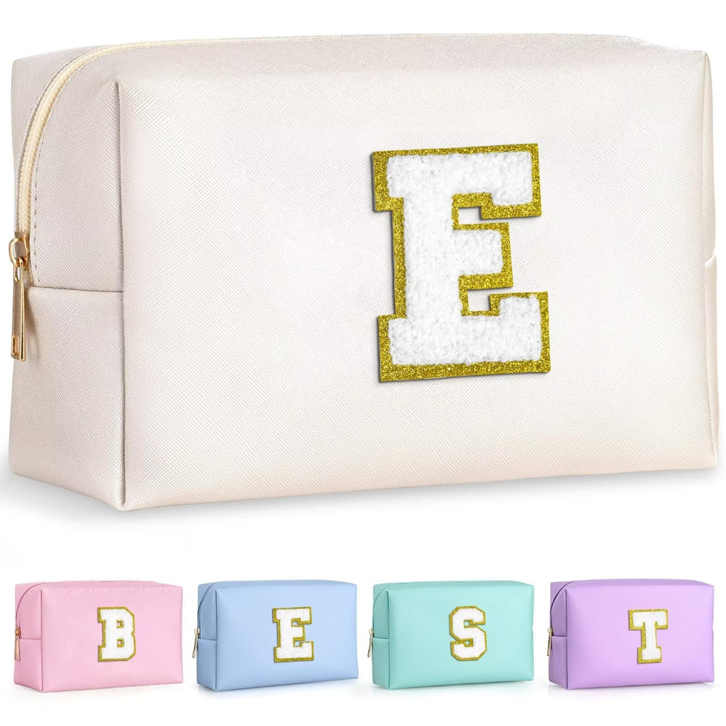 TOPEAST Monogrammed Makeup Bag – Personalized Initial Cosmetic Bag, Waterproof PU Leather, White E