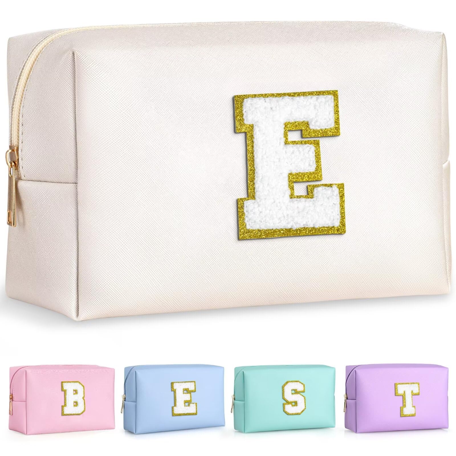 TOPEAST Monogrammed Makeup Bag – Personalized Initial Cosmetic Bag, Waterproof PU Leather, White E