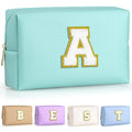 TOPEAST Preppy Makeup Bag with Personalized Initial Patch – Waterproof PU Leather, 8.3 x 3.5 x 4.9 in Blue A