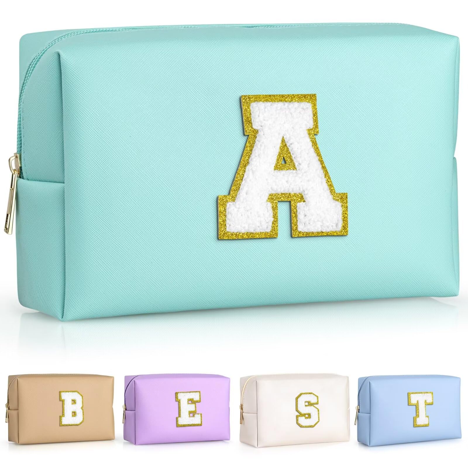 TOPEAST Preppy Makeup Bag with Personalized Initial Patch – Waterproof PU Leather, 8.3 x 3.5 x 4.9 in Blue A