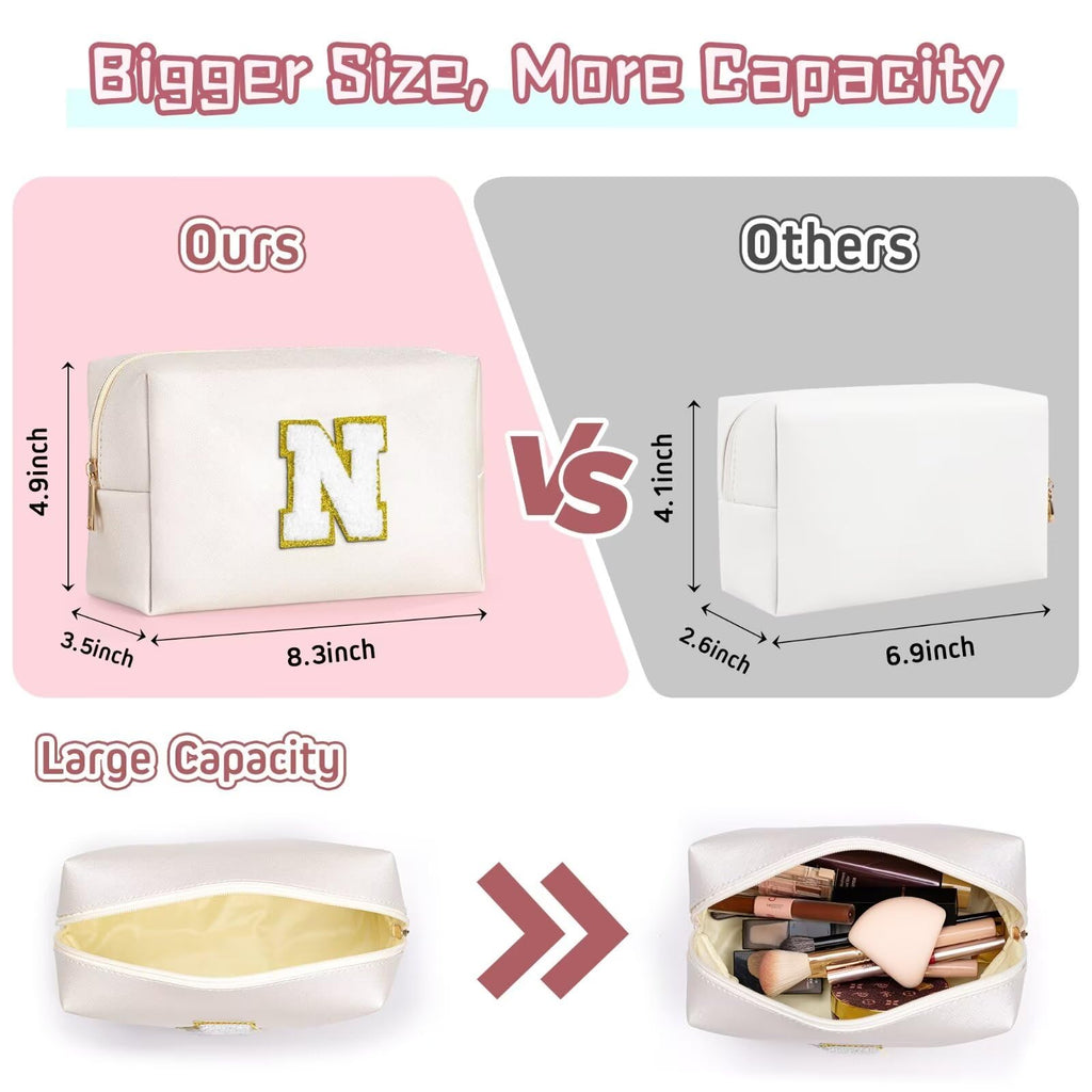 TOPEAST Initial Cosmetic Bag for Women – Monogrammed PU Leather Waterproof Toiletry Bag, White S