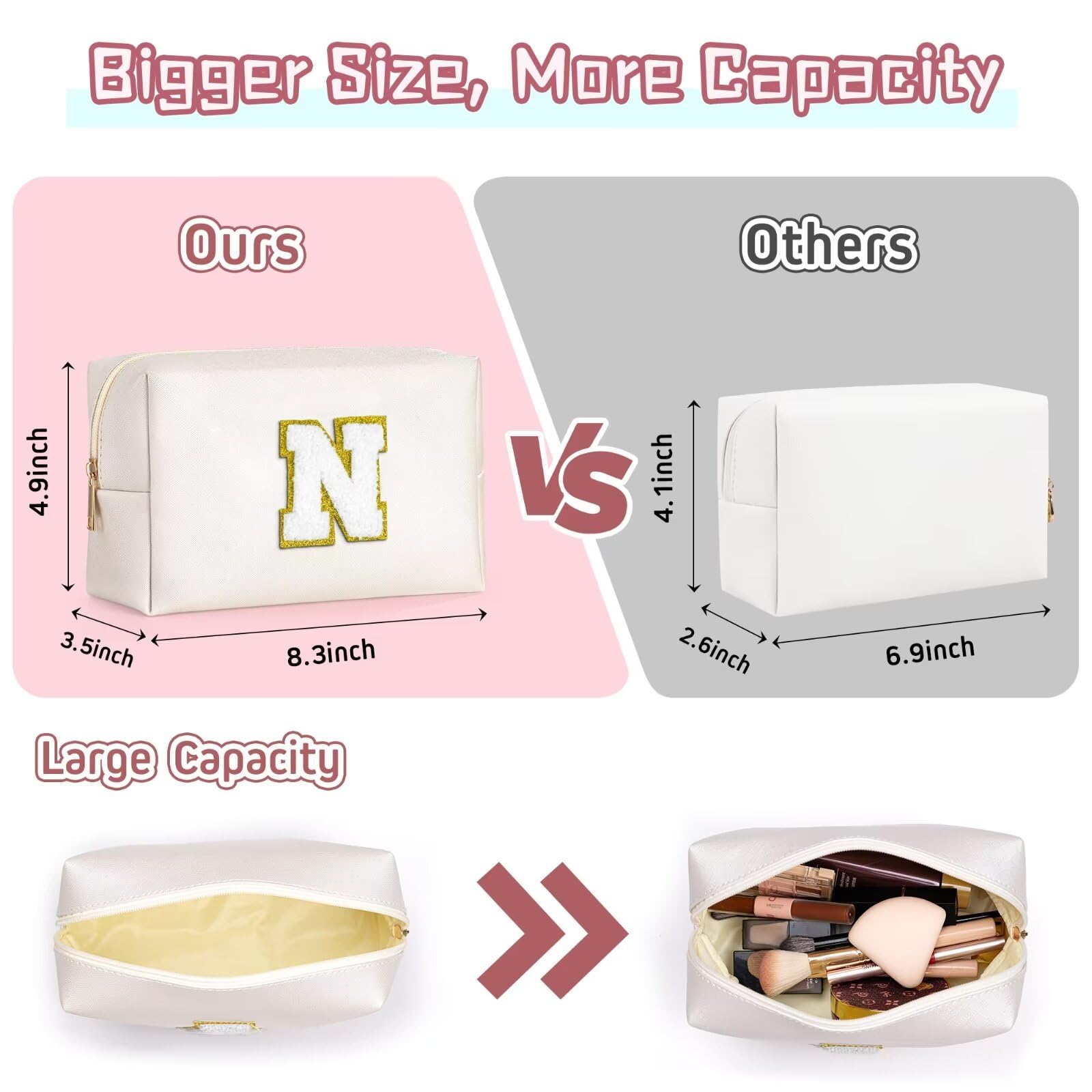 TOPEAST Monogrammed Makeup Bag – Personalized Initial Cosmetic Bag, Waterproof PU Leather, White E