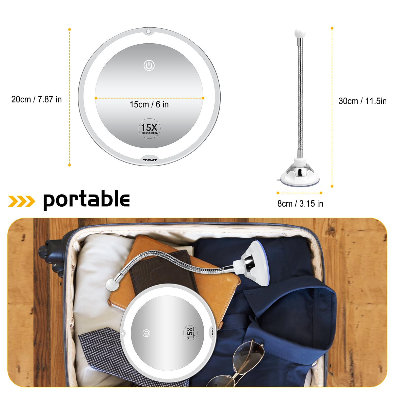 TOPVIRT Flexible 15X Magnifying Suction Mirror with Dimmable LED Vanity - Large